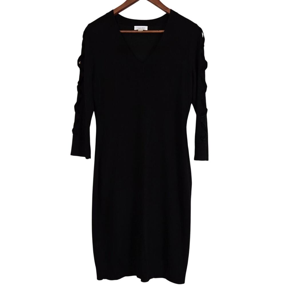 Calvin Klein Black V Neckline Lace Up Sleeves Sweater Dress Corporate Gothic Med